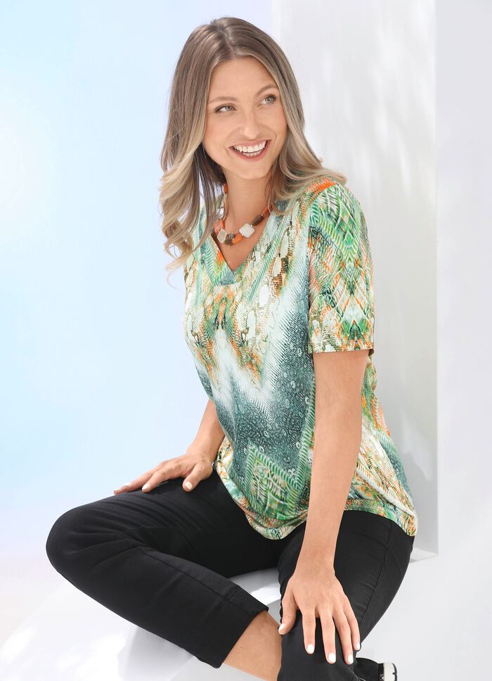 Shirt mit V-Ausschnitt GR&Uuml;N-ORANGE