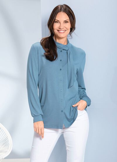 Shirtbluse mit durchgender Knopfleiste in 2 Farben 