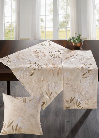 Bestickte Tisch- und Raumdekoration mit Gr&auml;ser- und Bl&auml;tter-Dessin 