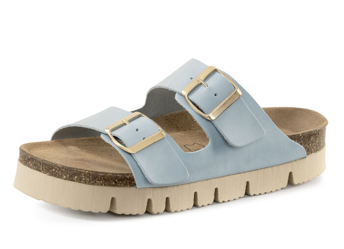 ELENA EDEN, bequeme Damen-Pantoletten, Weite H, mit Klettspange HELLBLAU