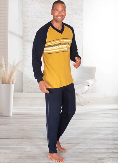 Schlafanzug mit V-Ausschnitt und B&uuml;ndchenabschl&uuml;ssen 