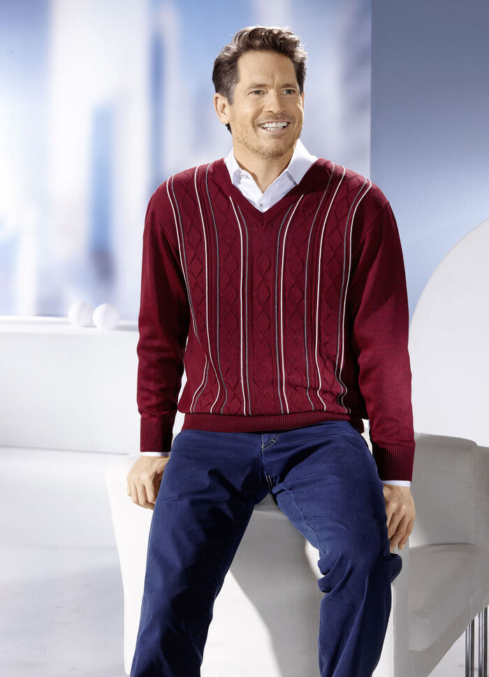 V-Pullover mit Strukturdessin in 3 Farben BORDEAUX MELIERT