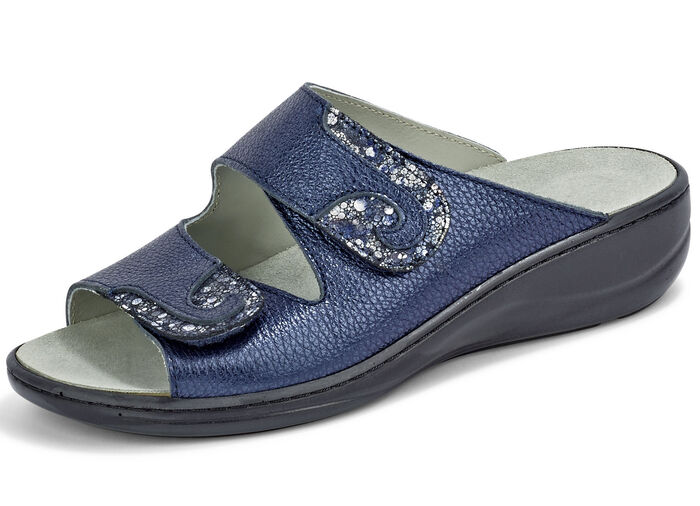 Mubb, bequeme Damen-Pantoletten, Weite H, mit herausnehmbarem Fußbett STAHLBLAU