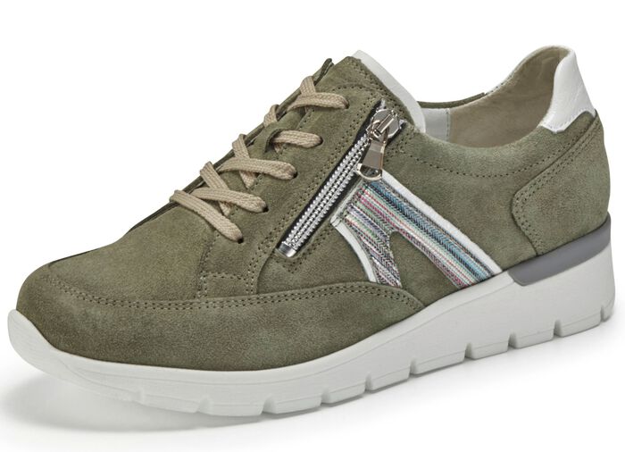 Waldl&auml;ufer Schn&uuml;rschuh aus interessantem Materialmix OLIV-WEISS