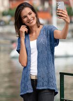 Strickweste mit Ajourmuster JEANSBLAU MELIERT