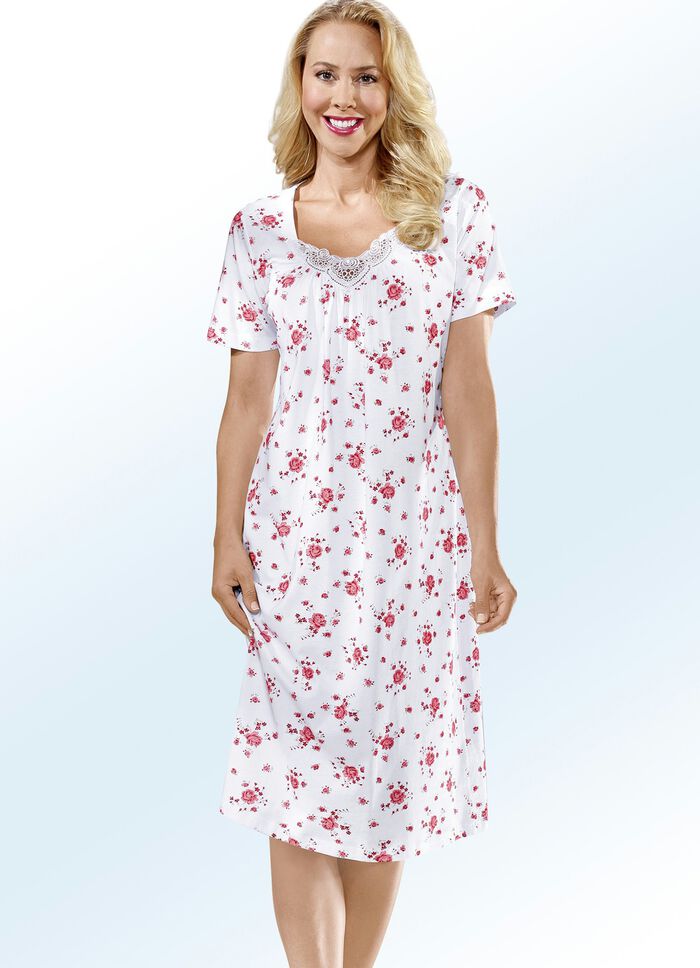 Zweierpack Nachthemden mit Rundhals und Alloverdessin 1X WEISS-VIOLA, 1X WEISS-ROT