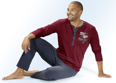 Zweierpack Schlafanzüge mit langer Knopfleiste, garngefärbtem Ringeldessin und Druckmotiv 