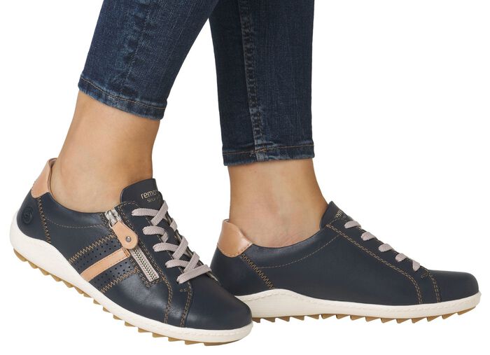 Remonte Schn&uuml;rschuh aus teilweise gepr&auml;gtem Nappaleder MARINE-CAMEL