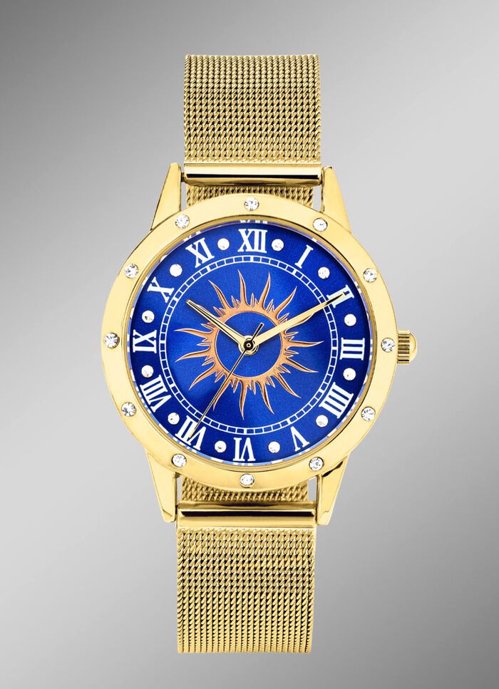 Quartz-Damenuhr Sonne mit wei&szlig;en Kristallakzenten  