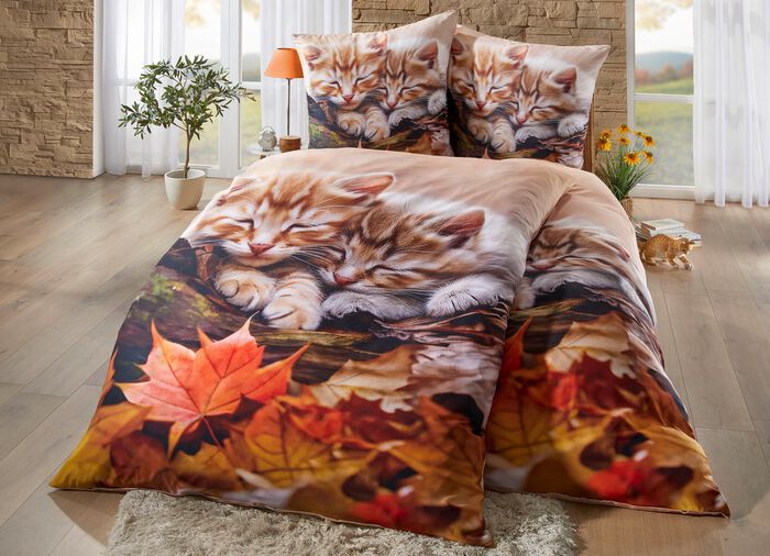 Bettwäsche-Garnitur mit Kätzchen im Herbstlaub-Motiv 