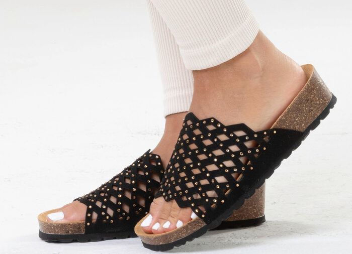 ELENA EDEN, leichte Damen-Pantoletten, Weite G, mit Lederfu&szlig;bett SCHWARZ