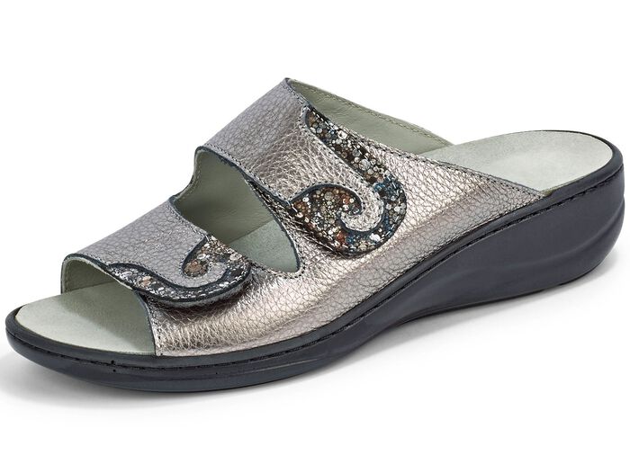 Mubb, bequeme Damen-Pantoletten, Weite H, mit herausnehmbarem Fu&szlig;bett ANTIKBRONZE