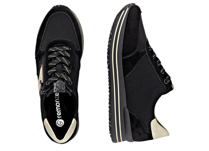 Remonte, trendige Damen-Sneaker, Weite G, mit herausnehmbarem Fußbett SCHWARZ-GOLD