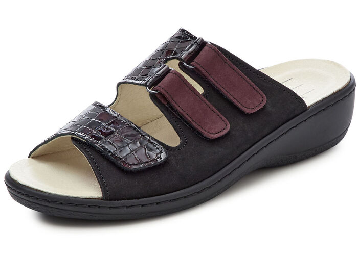 ELENA EDEN, bequeme Damen-Pantoletten, Weite H, mt herausnehmbarem Fußbett SCHWARZ-BORDEAUX