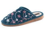 Laurina, leichte Damen-Hausschuhe, mit bunter Bl&uuml;ten-Stickerei BLAU