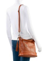 Laurina Kalbleder-Tasche mit reptilgepr&auml;gtem Besatz COGNAC