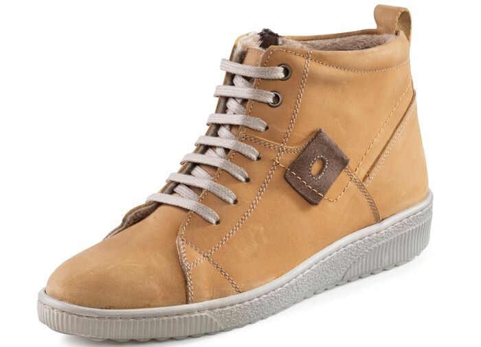 ELENA EDEN Schn&uuml;r-Bootie aus Nubukleder, mit Leder-Applikation CURRY