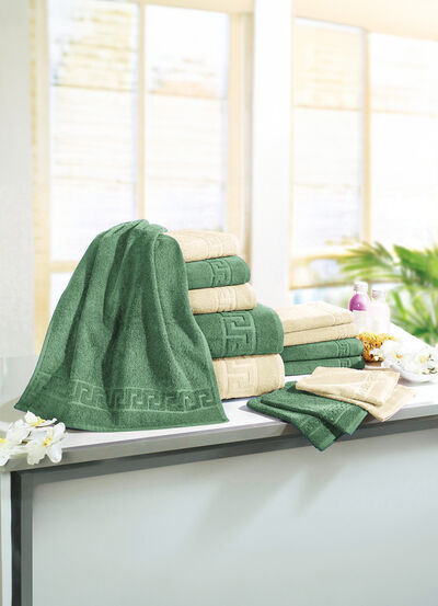 Frottierserie mit Mäander-Jacquard-Struktur  Frottierserie mit Mäander-Jacquard-Struktur