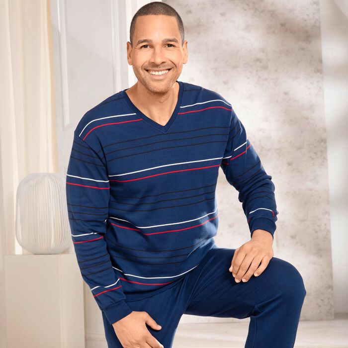 Interlock-Schlafanzug mit V-Ausschnitt und B&uuml;ndchenabschl&uuml;ssen 