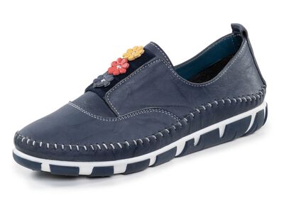 Gemini Slipper mit dezenter Knitter-Struktur und bunten Leder-Bl&uuml;ten 