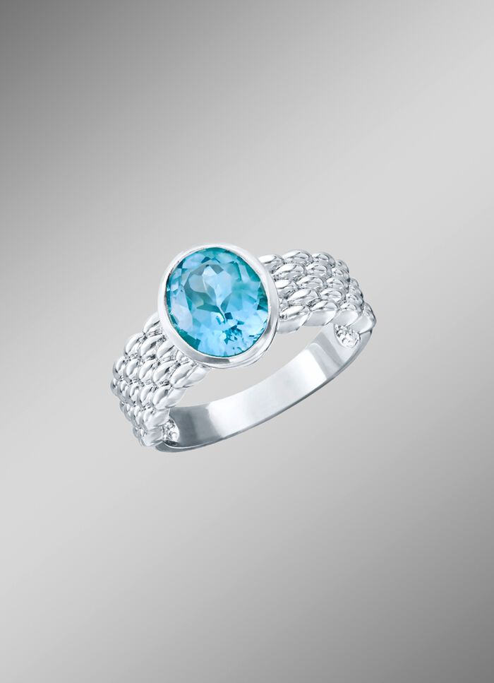 Damenring mit Blautopas und Ringschiene mit Struktur 