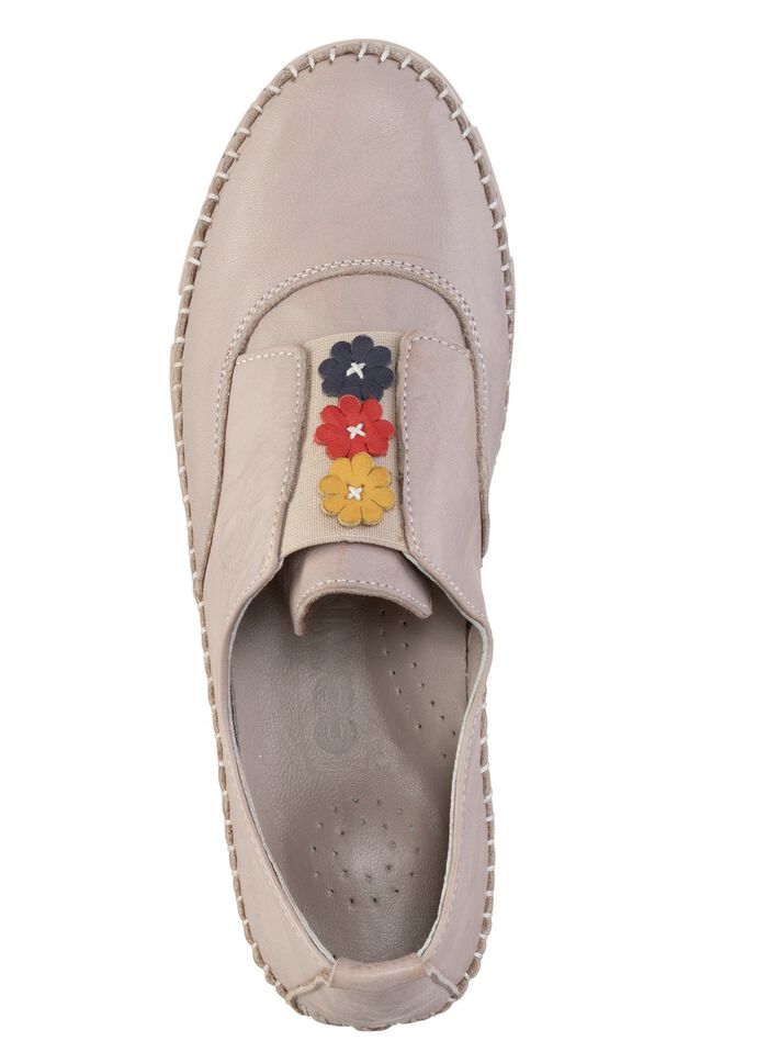 Gemini Slipper mit dezenter Knitter-Struktur und bunten Leder-Bl&uuml;ten KIESEL