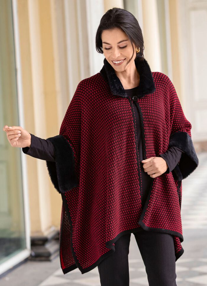 Poncho mit Kunstpelzbes&auml;tzen 