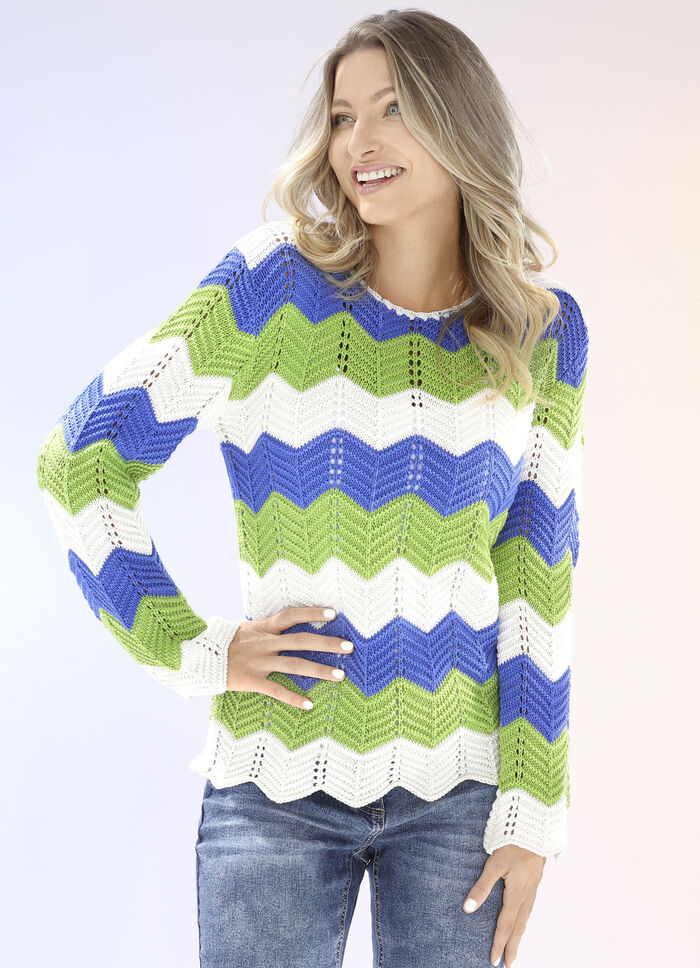Pullover mit Zackenringeln ECRU-JEANSBLAU-LIMETTE