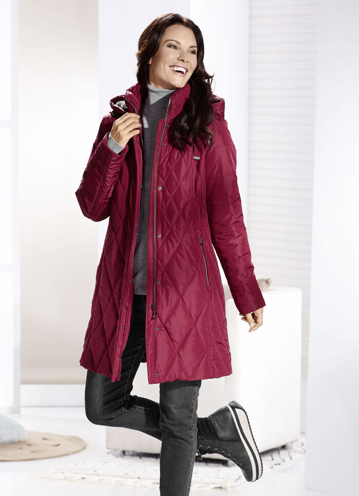 Kurzmantel mit Kunstpelz-Innenausstasttung in der Kapuze RUBINROT