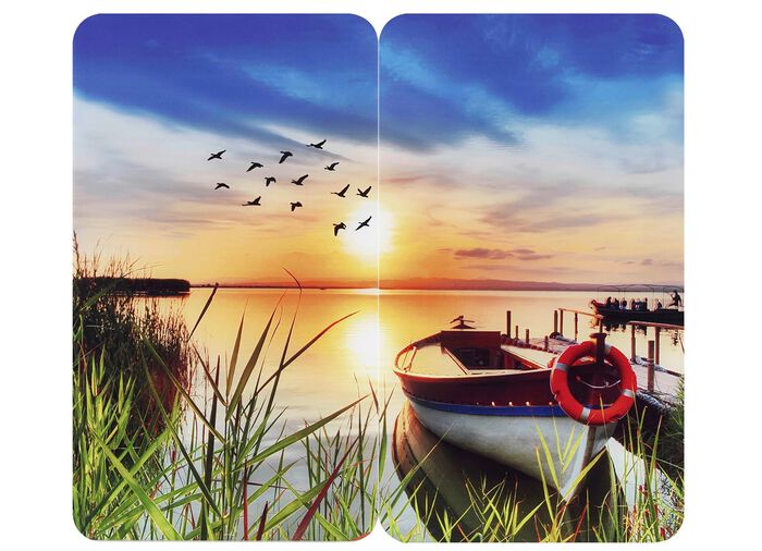 Herdabdeckplatten oder Wandblende aus Glas, Motiv Idylle am See 