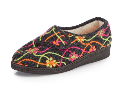 Klett-Hausschuh mit bunter Bl&uuml;ten-Stickerei 