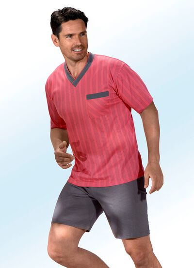 Shorty mit Streifendessin, V-Ausschnitt und Brusttasche 