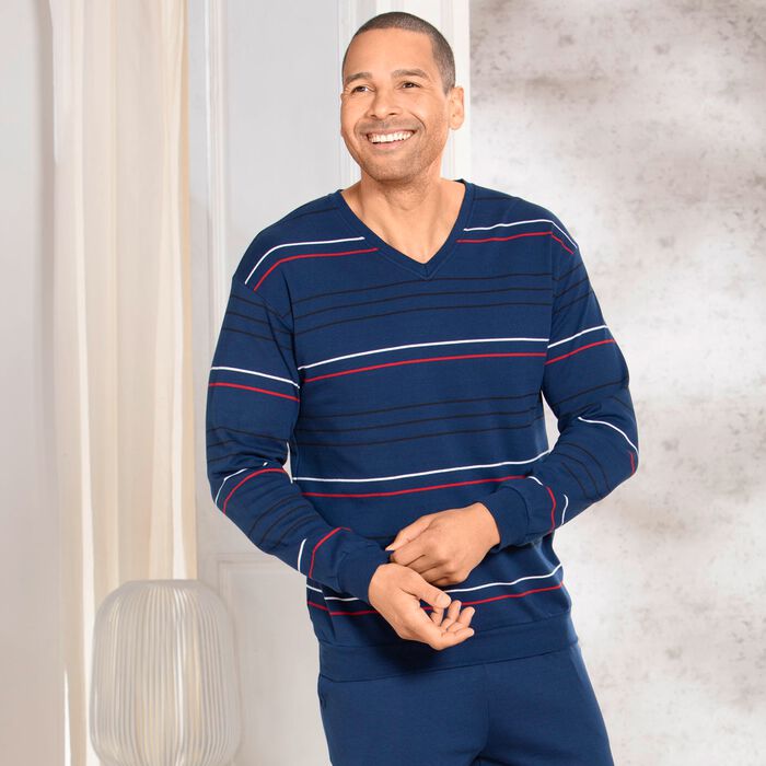 Interlock-Schlafanzug mit V-Ausschnitt und B&uuml;ndchenabschl&uuml;ssen 