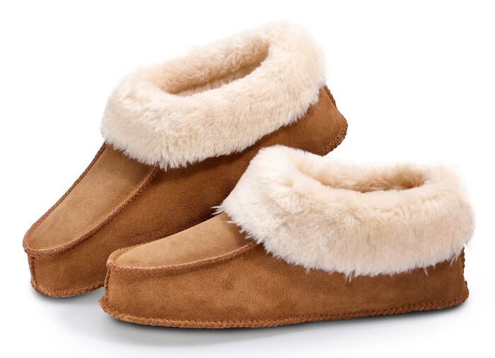 Leder-Hausschuhe mit flauschigem Innenfell BRAUN