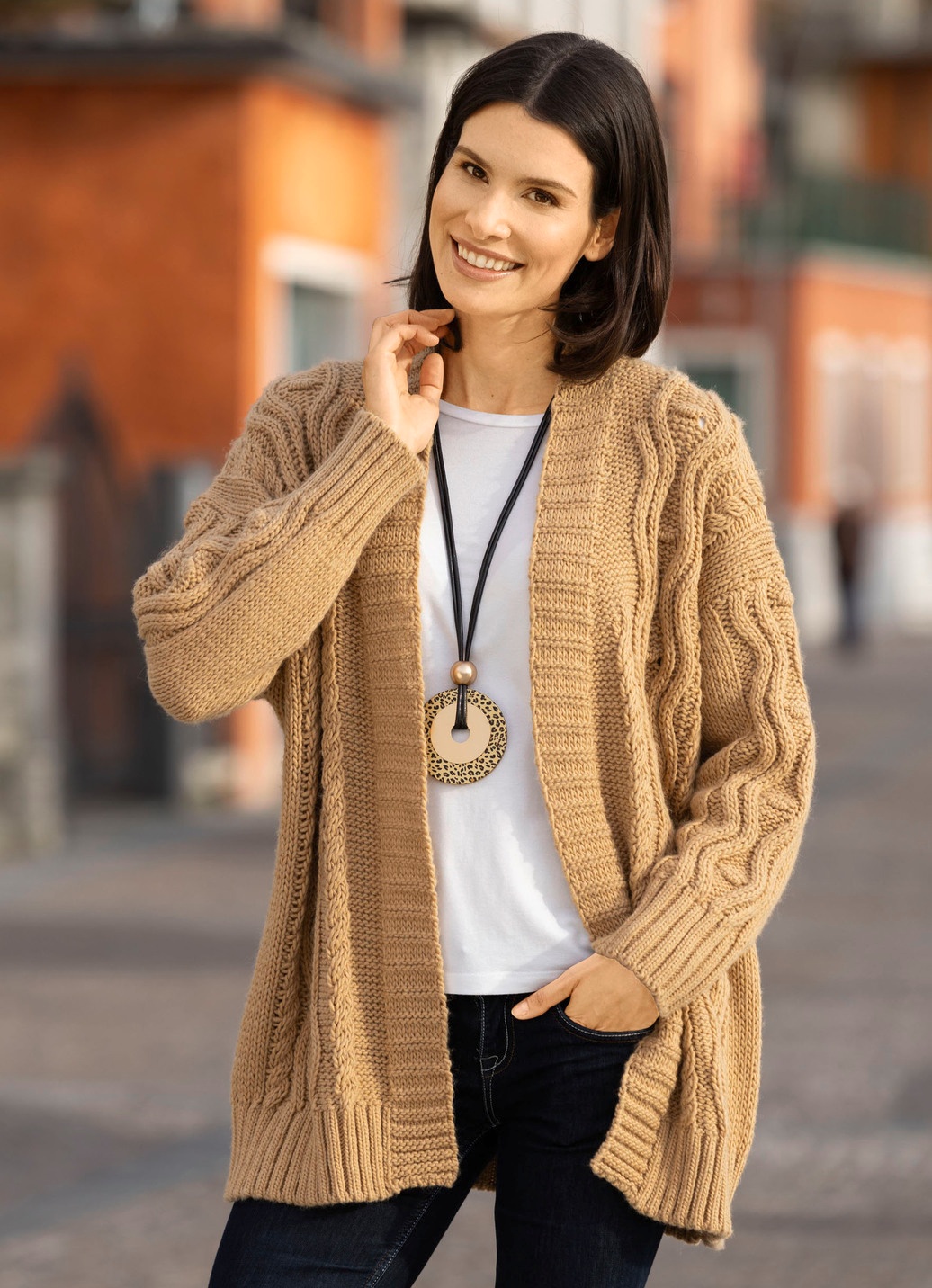 Wolle Grobstrick Jacke Camel Repeat Strickjacke Aus Woll-Kaschmir