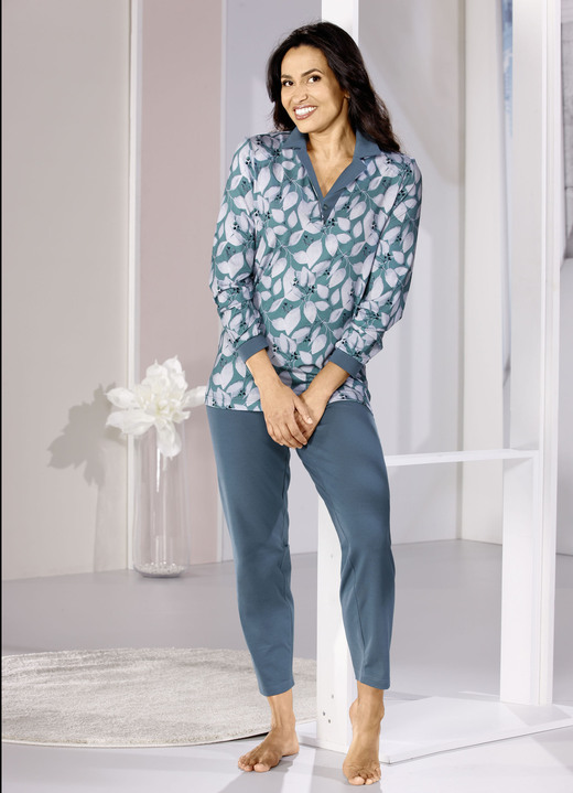 Damenmode - Schlafanzug, Langarm mit Ein-Knopfverschluss und knöpfbaren Bündchen, in Größe 036 bis 054, in Farbe PETROL-SALBEI